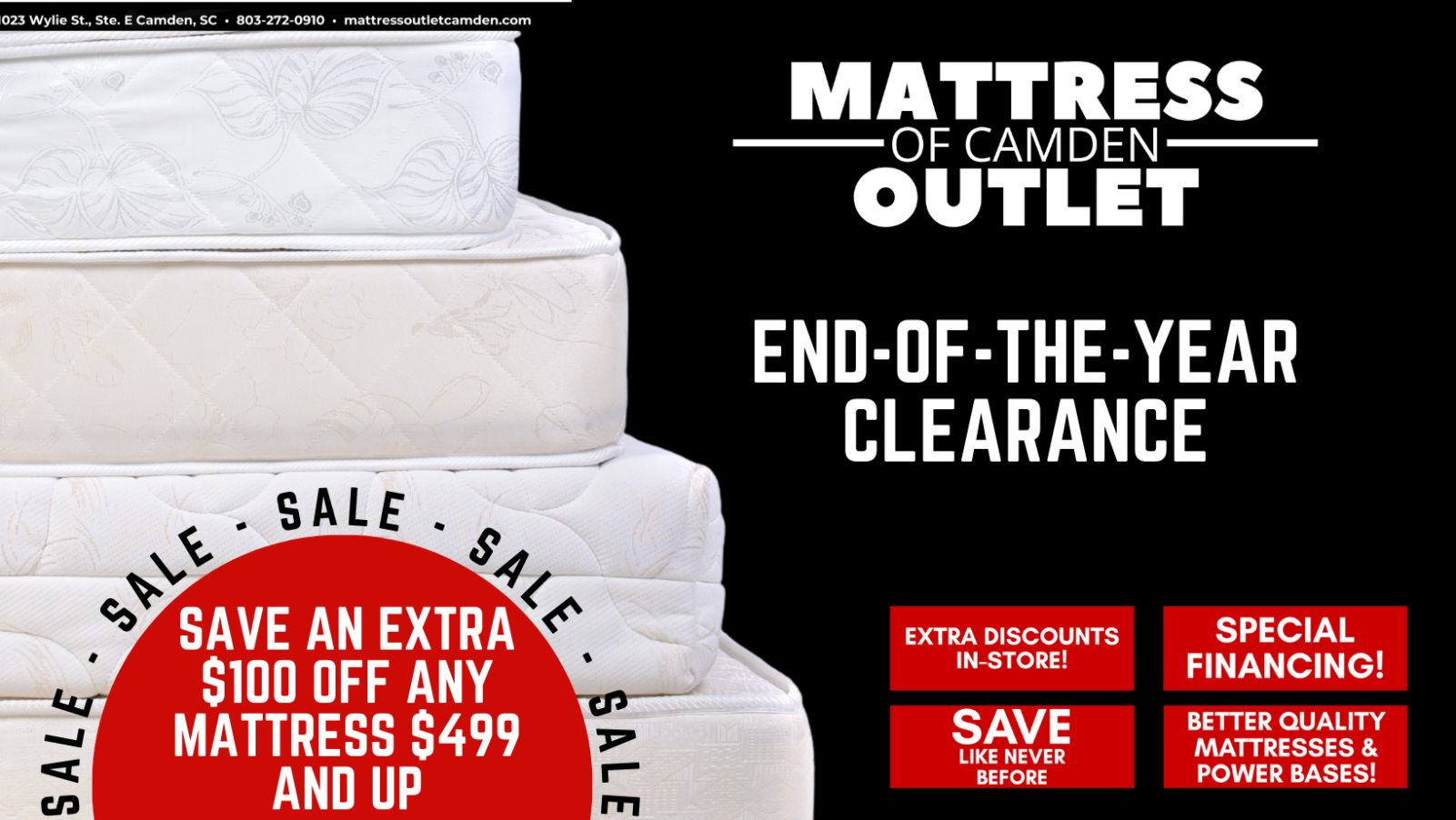 Four stacked mattresses next to text advertising an end-of-year clearance sale at Mattress of Camden Outlet.