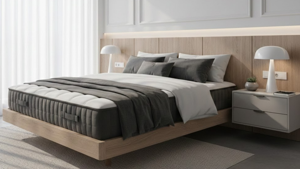 Modern bedroom with a wooden bed, grey bedding, two white lamps, and a nightstand by a large window.