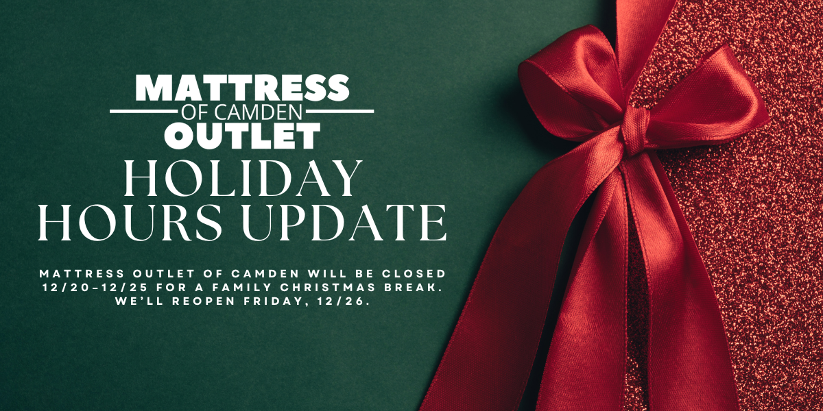 Holiday hours update notice with red bow on glitter background; store closed 12/20–12/25, reopening 12/26.